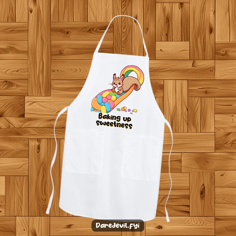 Funny squirrel candy slide apron showing a playful squirrel zooming down a rainbow made of candy, perfect for chefs who enjoy sweet kitchen wear.