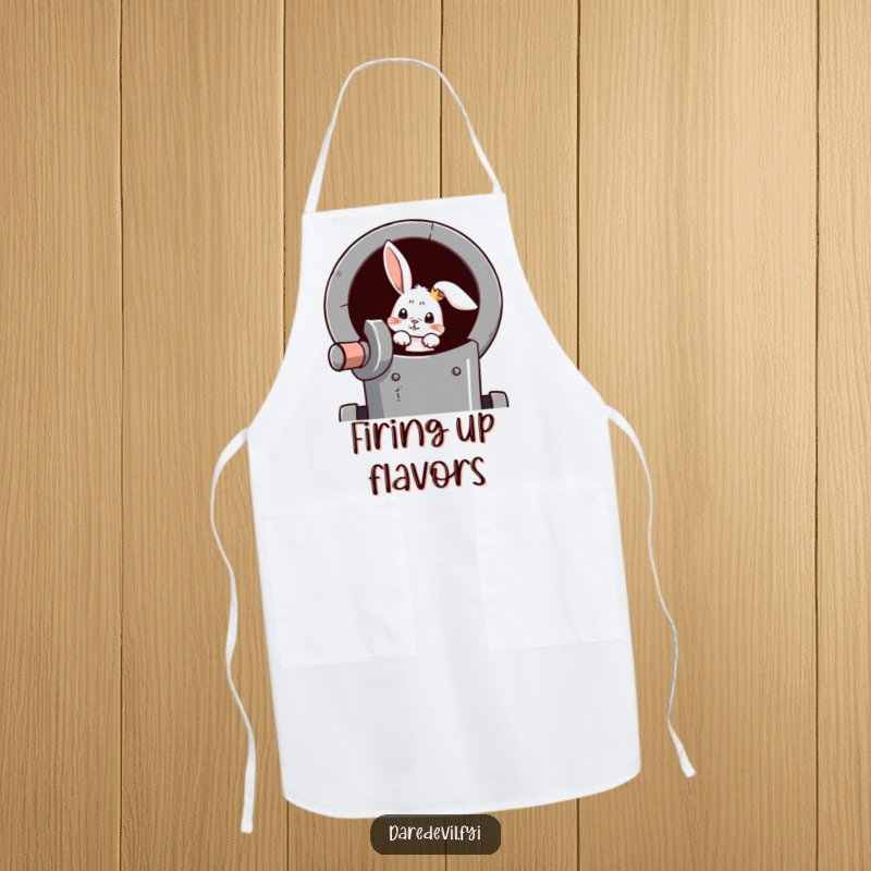 Funny rabbit apron with a curious rabbit peeking out of a cannon, prepared for exciting kitchen escapades.