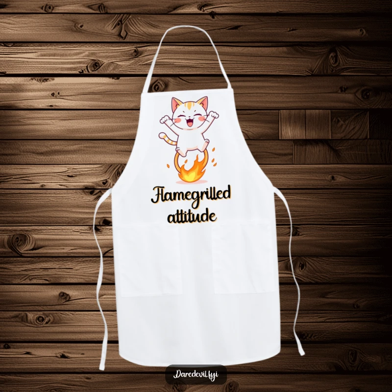 Funny apron illustrating a mischievous cat character leaping with glee over a vibrant, blazing fiery hoop during a cooking session.