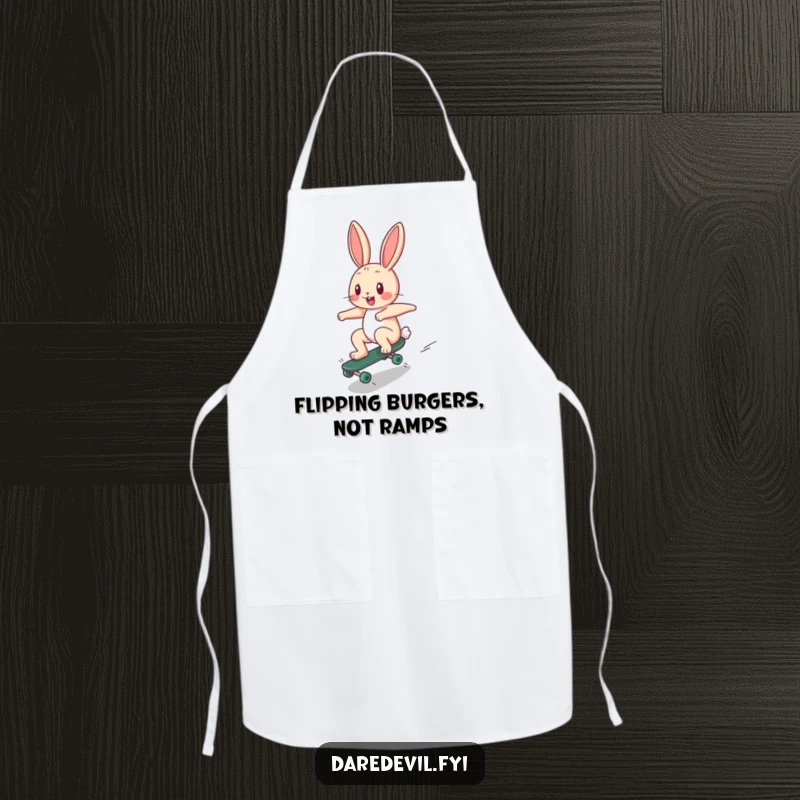 Funny Apron: A happy bunny character zooms down a ramp on a tiny skateboard, a humorous and practical kitchen garment.