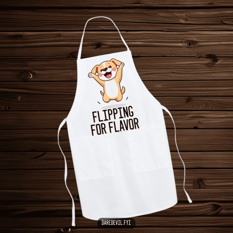Funny Dog Apron depicting a dog performing an impressive mid-air flip, designed for kitchen fun and protection.