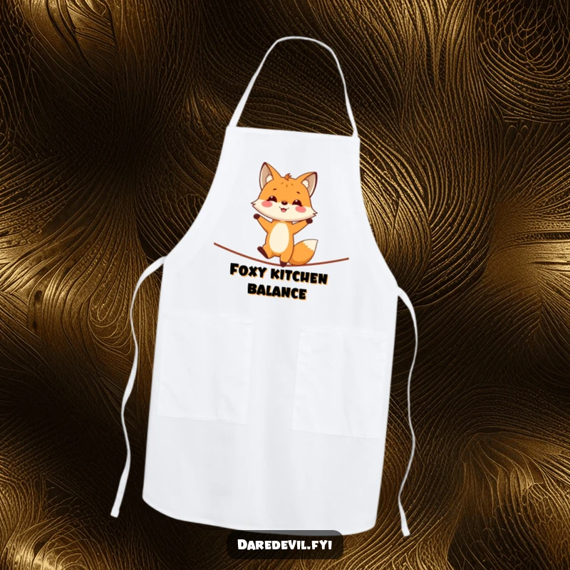 Funny fox character performing a handstand on a tightrope, depicted on a kitchen apron for humorous cooking.