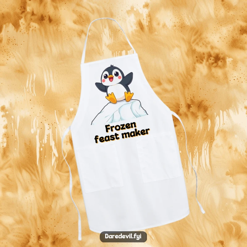 Funny apron showing a surprised penguin expertly navigating a steep icy ramp, ideal for a fun cooking experience.