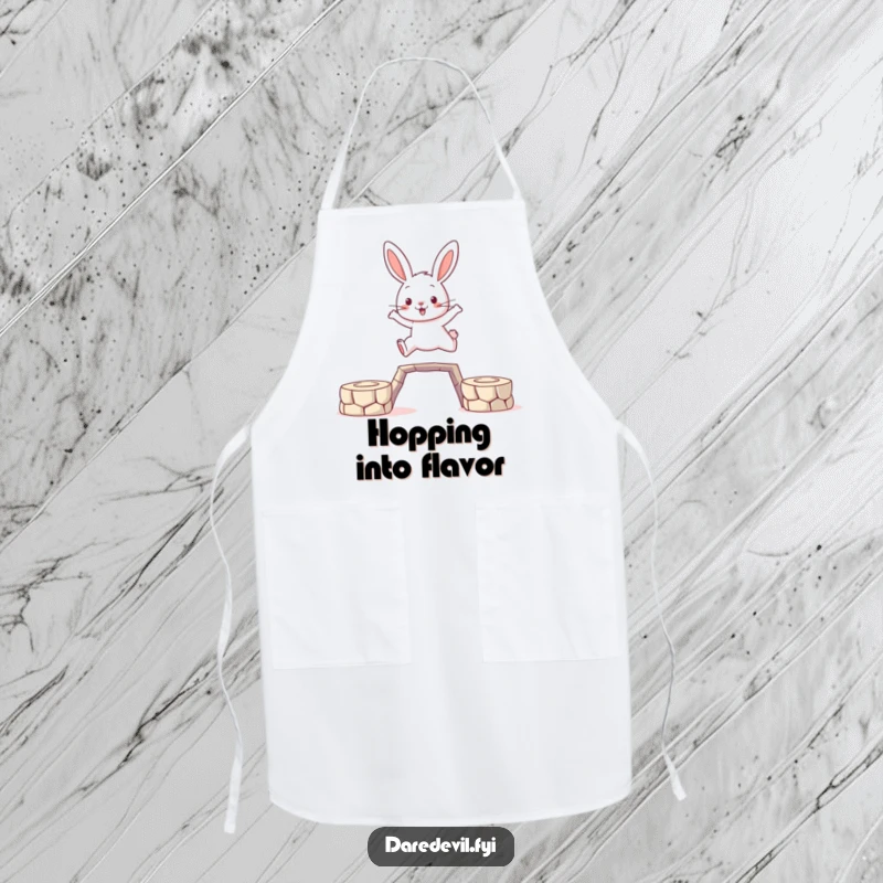 Funny Rabbit Apron: A brave rabbit character leaps between platforms, symbolizing courage and adventure for your kitchen endeavors.