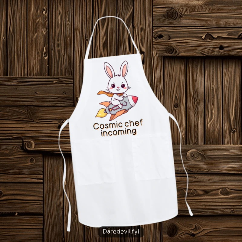 Funny apron showing a brave rabbit character determinedly riding a tiny rocket, ready for a space-themed cooking adventure.