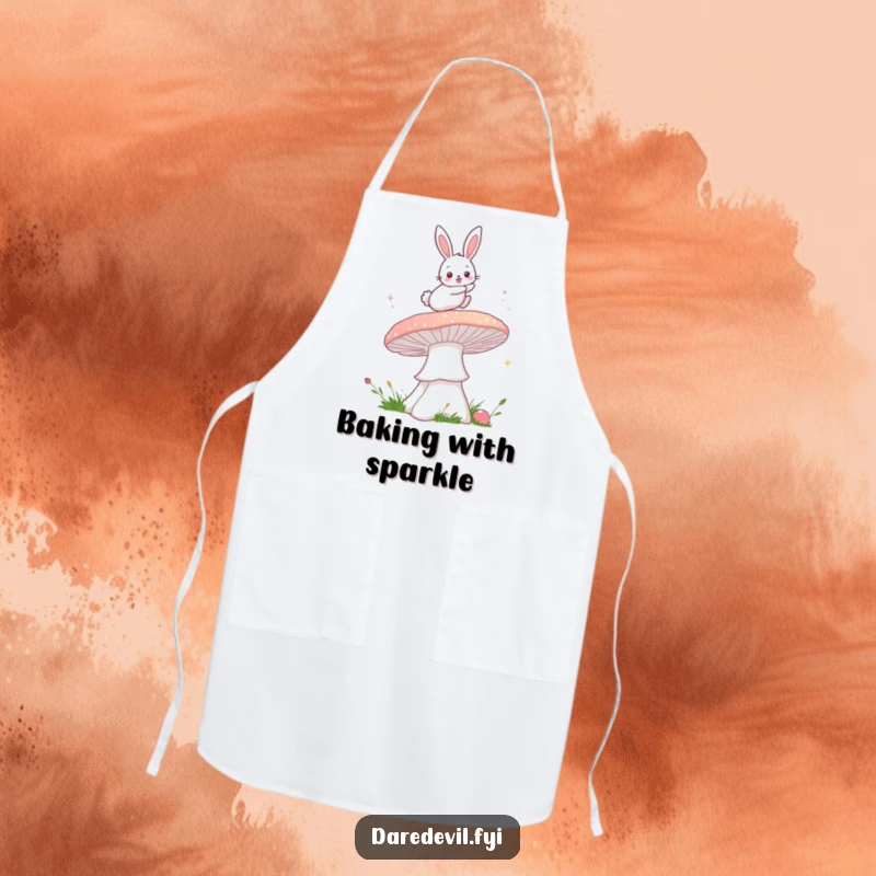 Funny bunny mushroom apron showing a fluffy bunny leaping over a sparkly mushroom, perfect for chefs who enjoy whimsical kitchen wear.