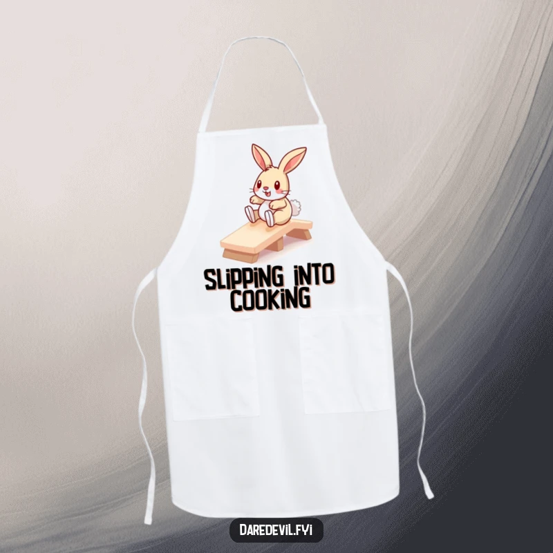 Funny bunny fearlessly sliding down a miniature ramp, printed on a durable kitchen apron for humorous cooking and baking.
