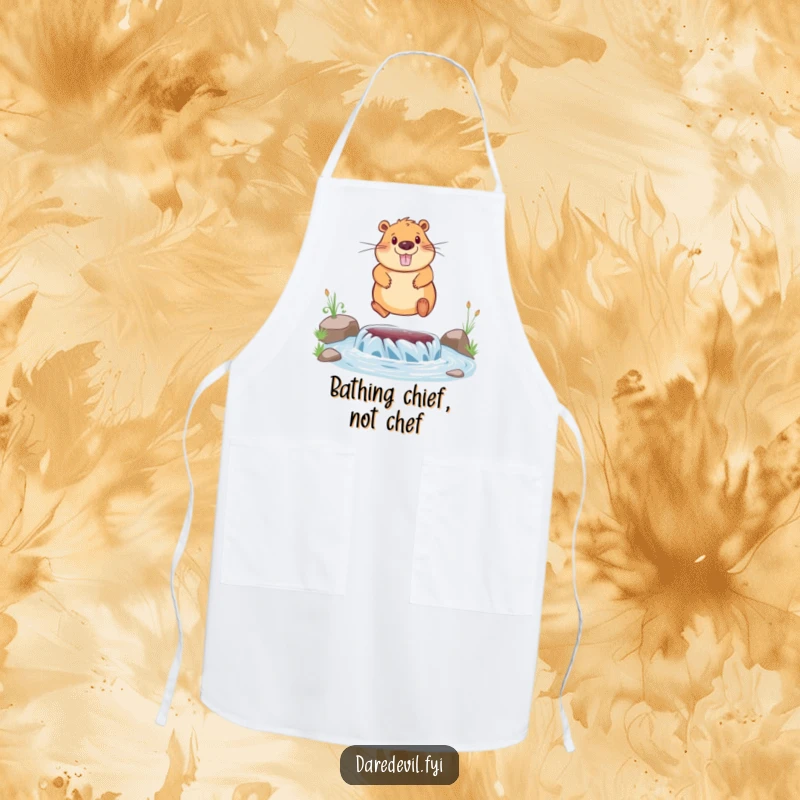 Funny apron showing a happy capybara bravely jumping over a river, perfect for a cheerful cooking experience.