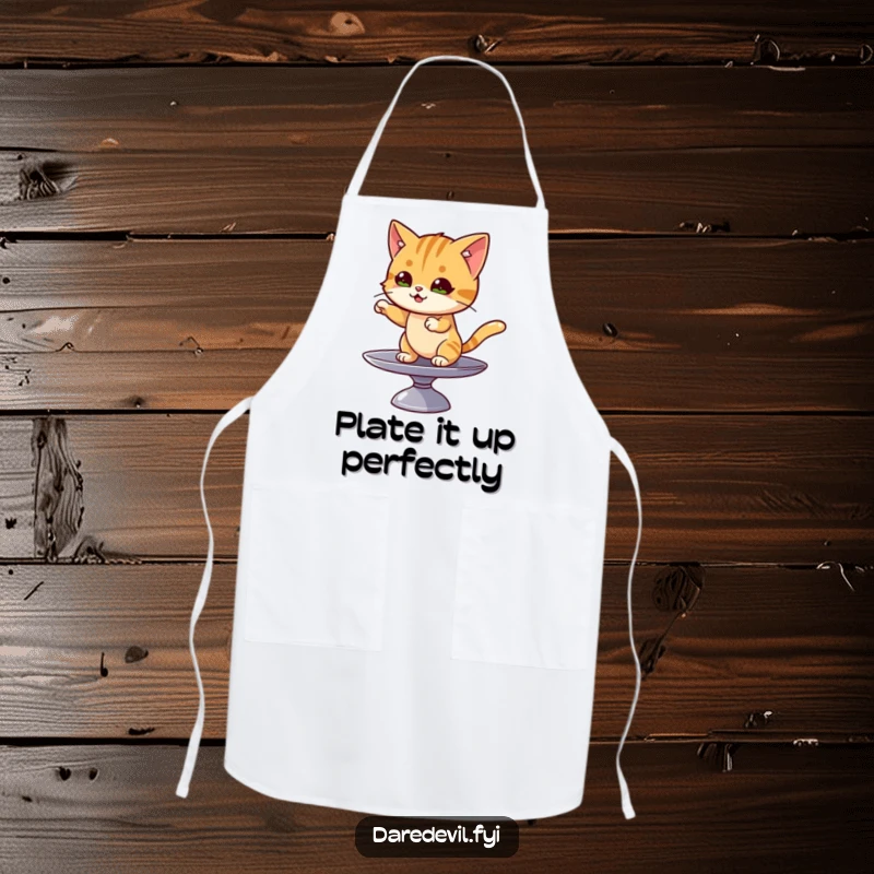 Funny cat apron with a mischievous cat character balancing on a spinning plate, ready for culinary challenges.