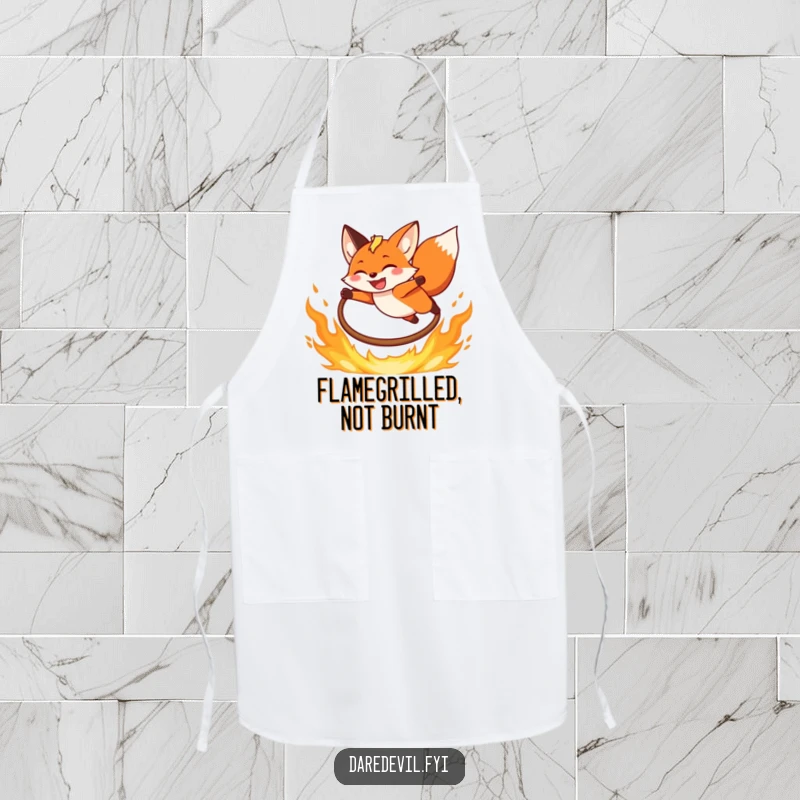 Funny Fox Apron depicting a grinning fox leaping over a fiery hoop, ideal for humorous cooking adventures.