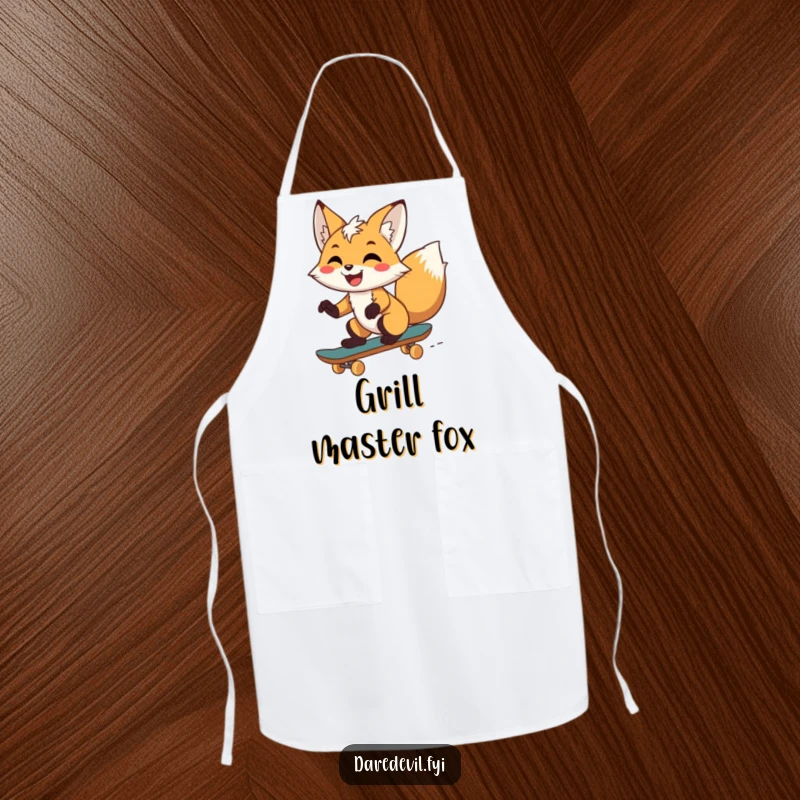 Funny fox with a determined grin, skateboarding while cooking, protecting clothes with style, a hilarious funny gift for chefs.