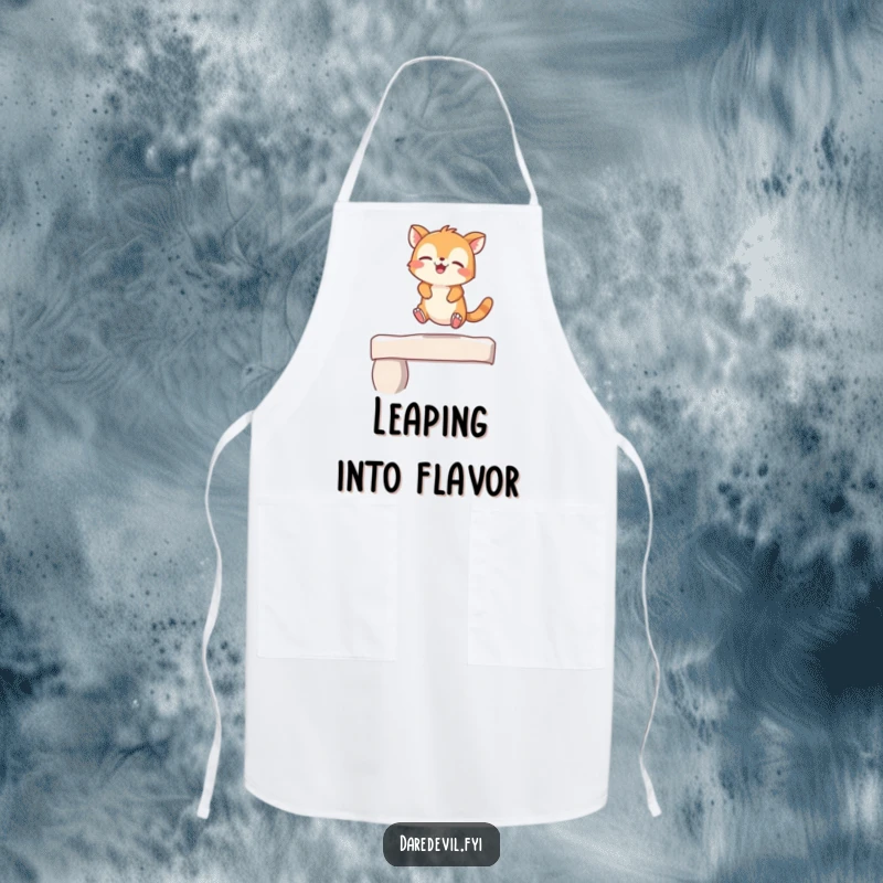 Funny Apron with a giggling animal character playfully leaping off a ledge, ready for a fun cooking session.