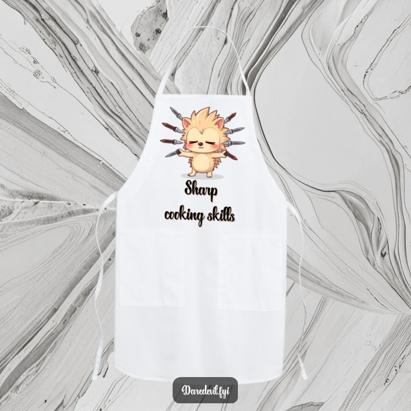 Funny sleepy hedgehog juggles sharp objects, perfect for a chef with a risky sense of humor on a funny apron.