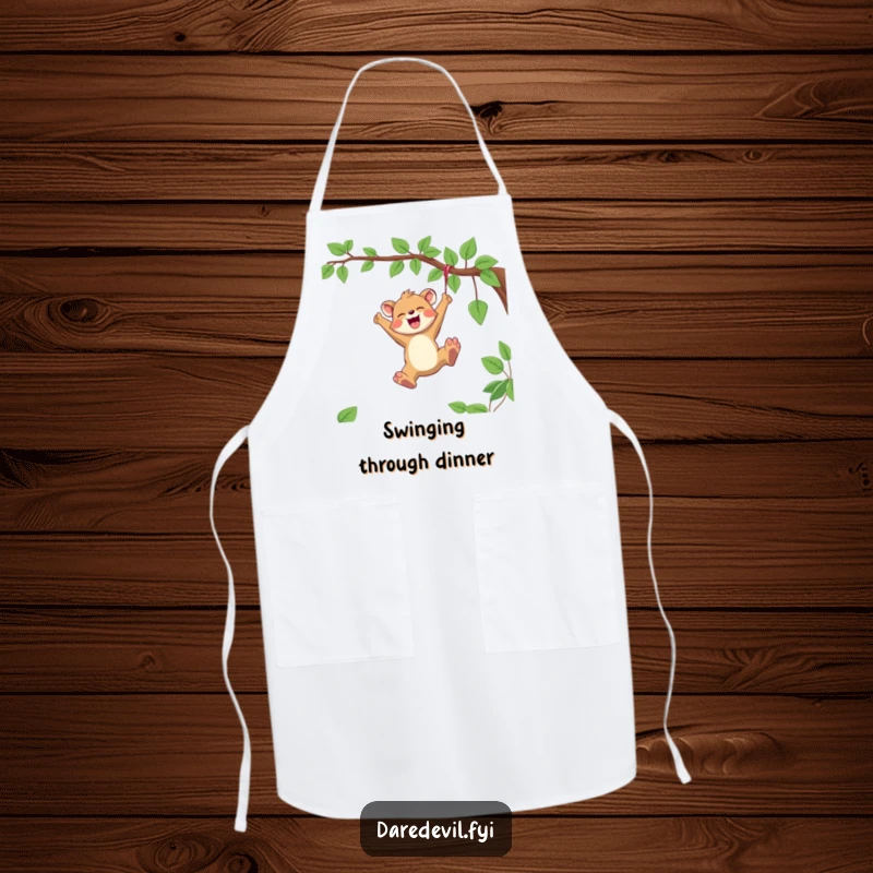 Funny Apron illustrating a joyful animal character swinging from a vine with pure abandon, ready for kitchen fun.