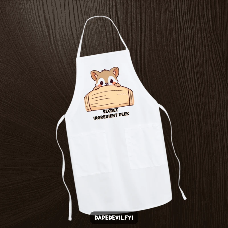Funny Kitchen Apron showing a curious animal character playfully peeking over a large obstacle, a humorous item for a playful cook.