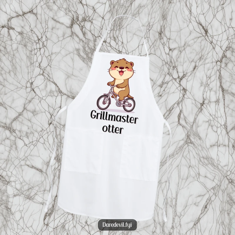 Funny otter rides a bicycle with a triumphant grin, ready to cook up a storm on a funny apron.