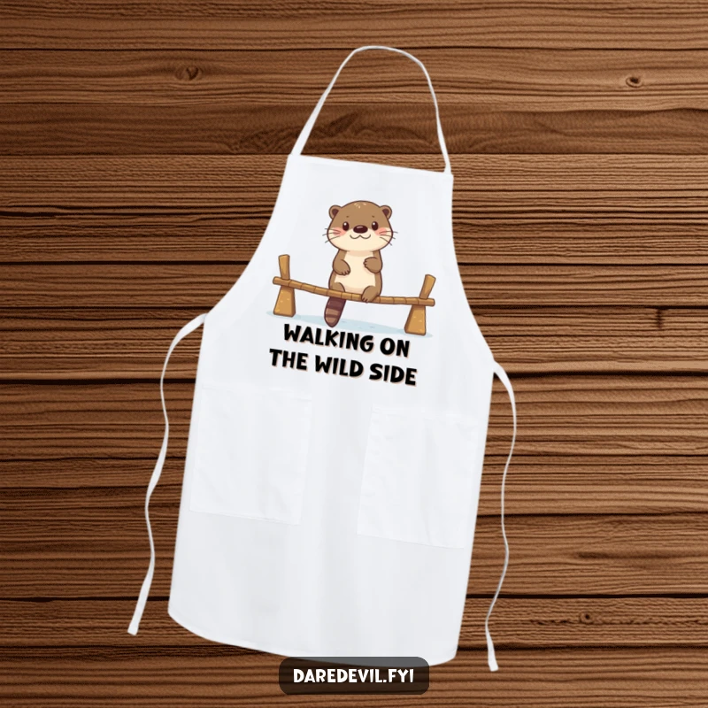 Funny apron depicting a courageous otter fearlessly crossing a narrow, wobbly bridge while cooking or baking.
