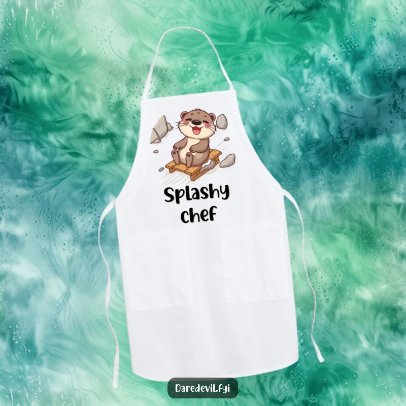 Funny otter giggling while sledding down a rocky slope, wearing an apron, protecting clothes with humor, a delightful funny gift.