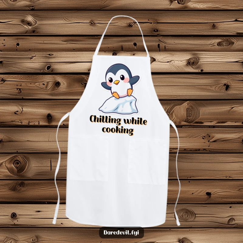 Funny Penguin Apron: A playful penguin character slides down a miniature icicle, adding winter humor to kitchen activities.