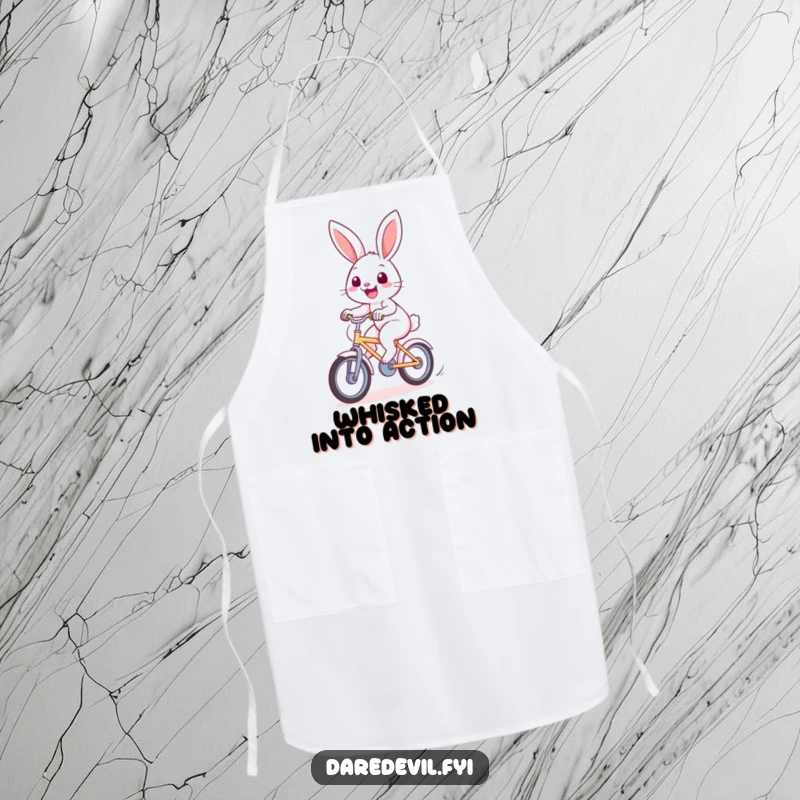Funny rabbit apron showing a cheerful bunny riding a fast bicycle, ideal for kitchen fun and protection.