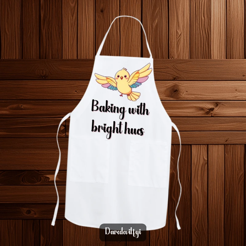 Funny rainbow bird apron: a bird flies with oversized rainbow wings, a humorous and colorful kitchen accessory.