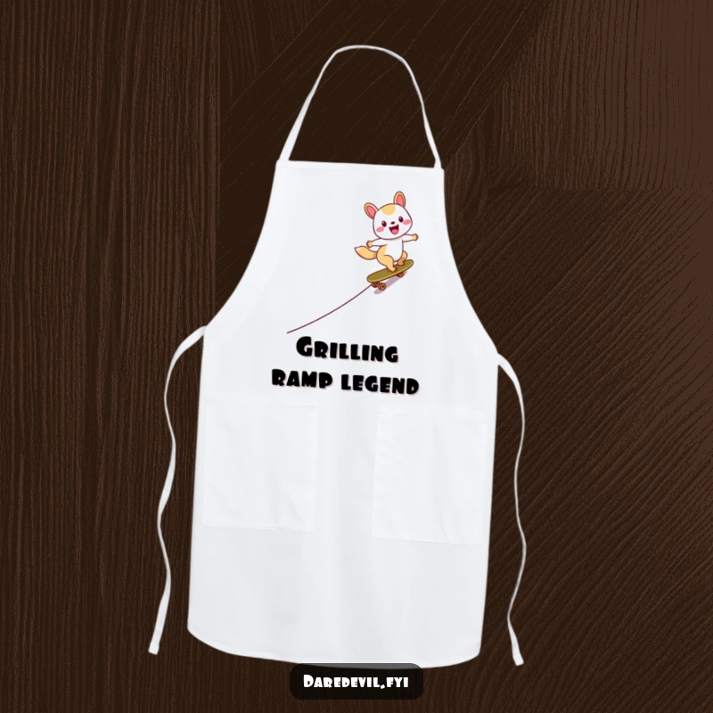 Funny Skater Animal Apron depicting a happy character skateboarding down a steep ramp, perfect for humorous cooking sessions.