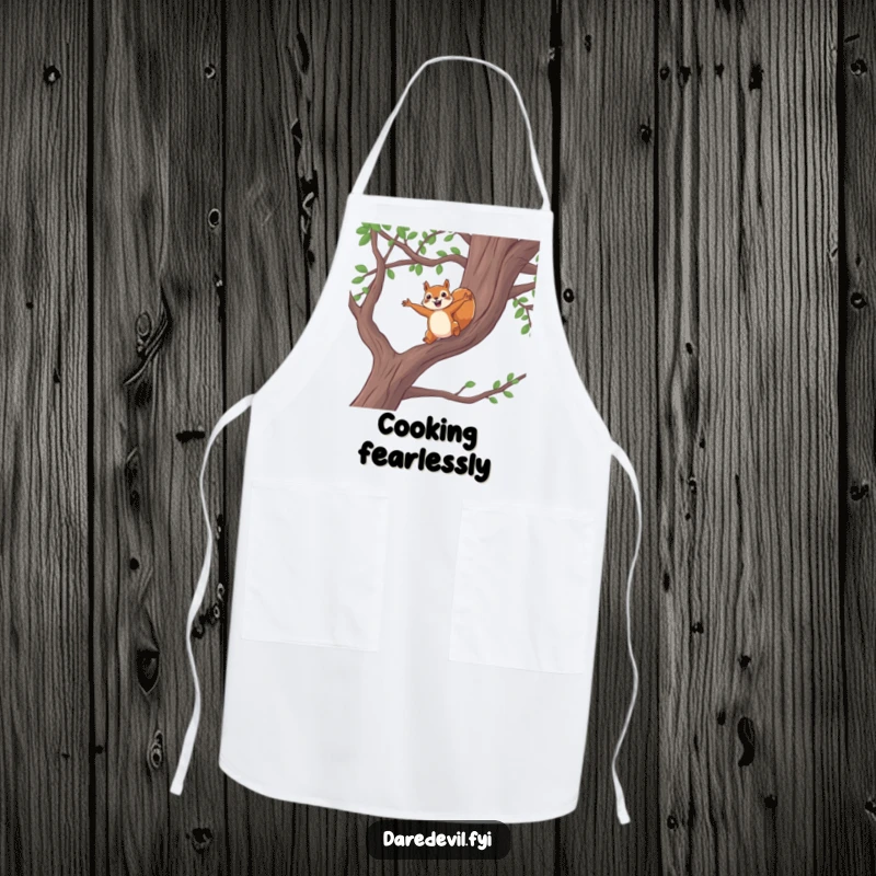 Funny squirrel adventure apron, brave squirrel jumping from tree branch, protecting clothes with humor, functional and funny gift for adventurers.