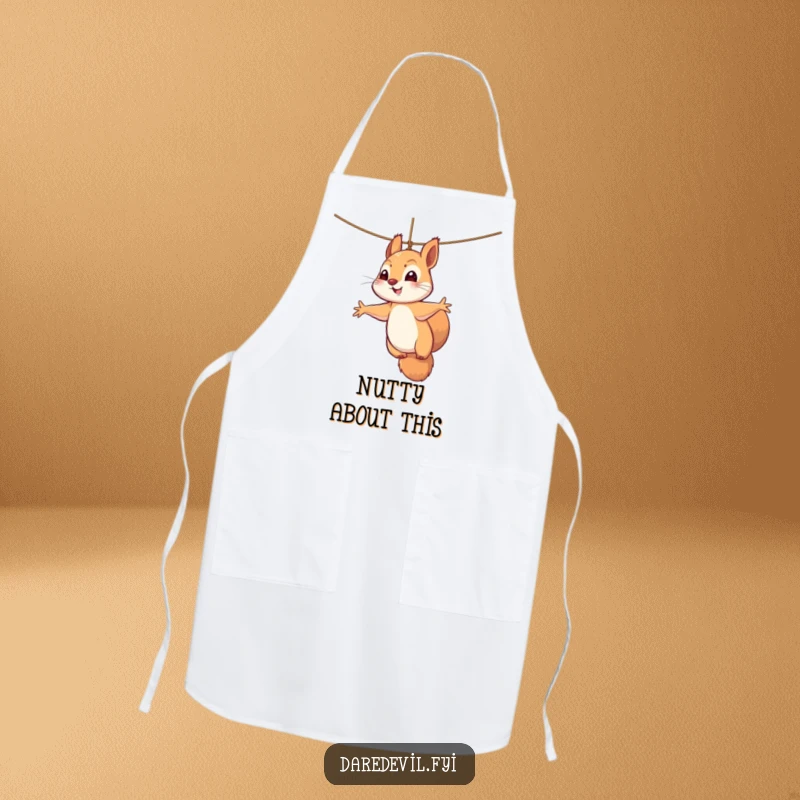 Funny squirrel apron showing a perky squirrel dangling precariously from a thin thread, paws outstretched, ready for kitchen mishaps.
