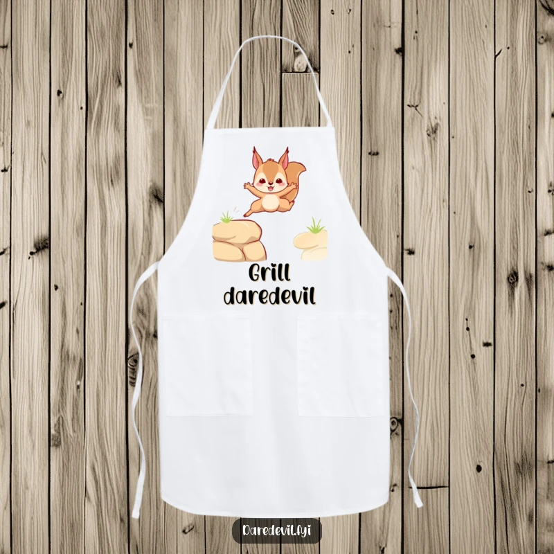 Funny apron featuring a squirrel leaping bravely over a gap, perfect for cooking and a funny gift.