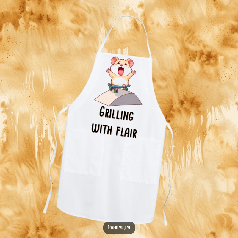 Funny Hamster Apron: A thrilled hamster character skates down a ramp on a mini skateboard, bringing extreme style to kitchen tasks.