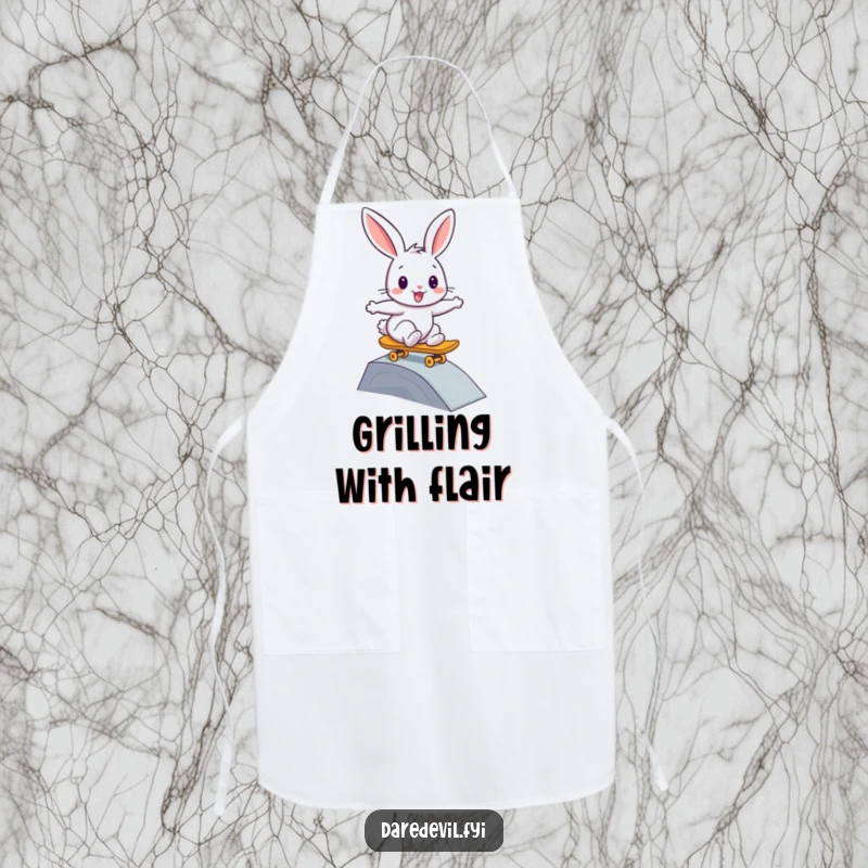 Funny rabbit apron, depicting a bunny bravely skateboarding down a small ramp, ideal for kitchen fun.