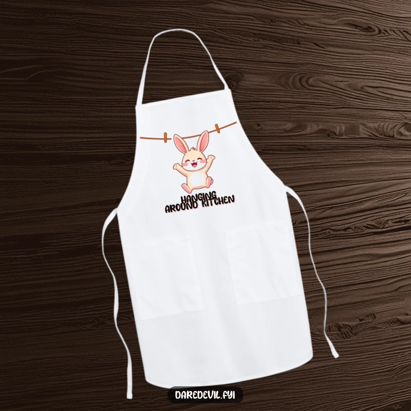 Funny cheerful rabbit swings wildly from a clothesline, ready to cook with joy on a funny apron.