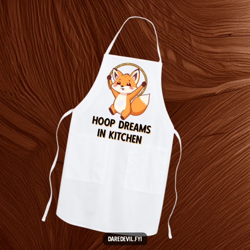 Funny fox jumping through a hoop held high, printed on a durable kitchen apron for humorous cooking and baking.