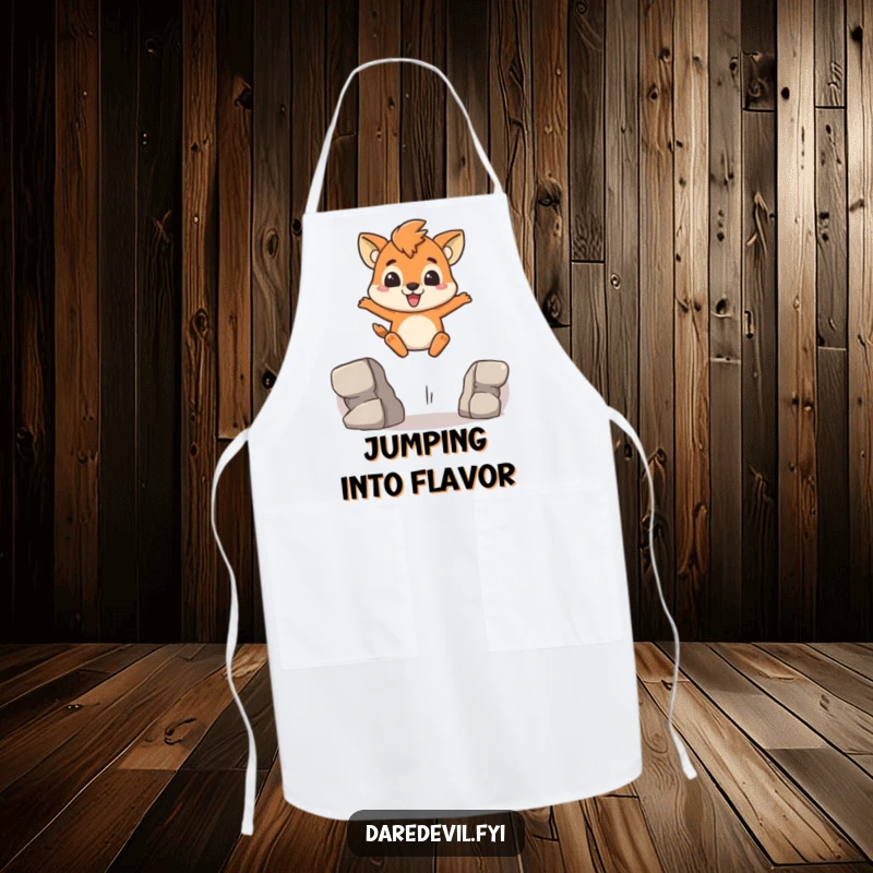 Funny Apron illustrating a brave animal character leaping over a gap with a determined grin, ready to conquer any recipe.