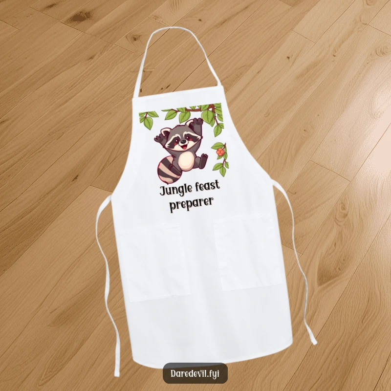 Funny apron showing a raccoon swinging from a vine with pure exhilaration, ideal for a fun cooking experience.