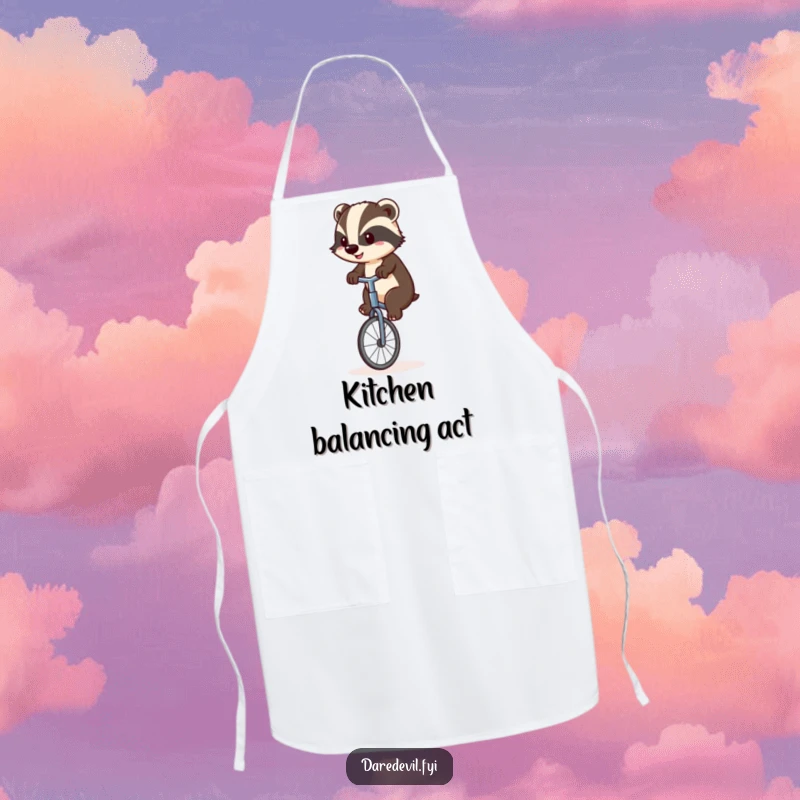 Funny badger with a determined frown, riding a unicycle in a kitchen, protecting clothes with an apron, a comical funny gift.