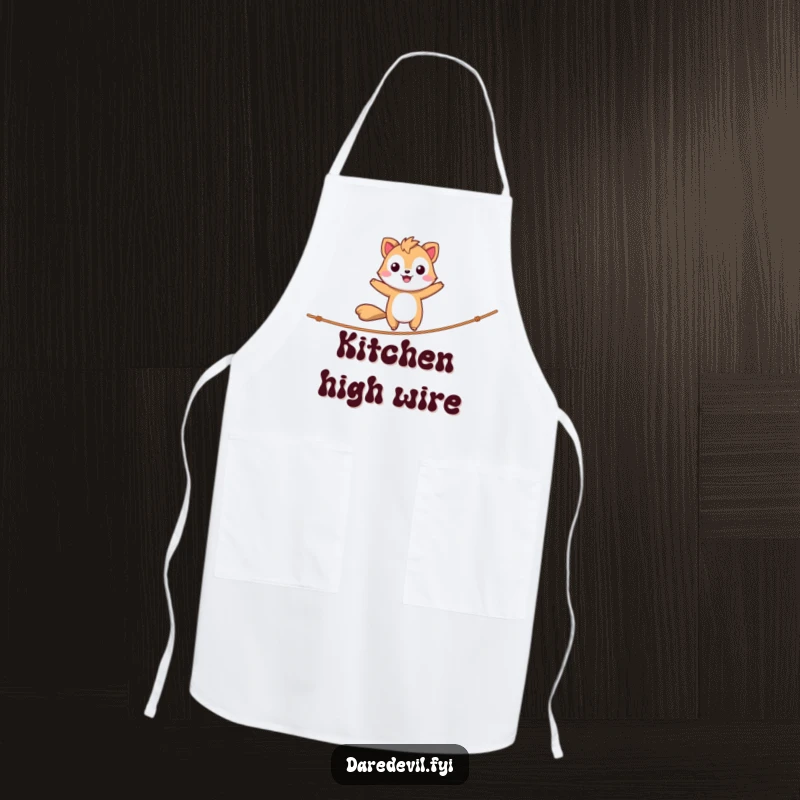 Funny Kitchen Apron showing a daring animal character happily balancing on a tightrope, a humorous item for a fearless cook.
