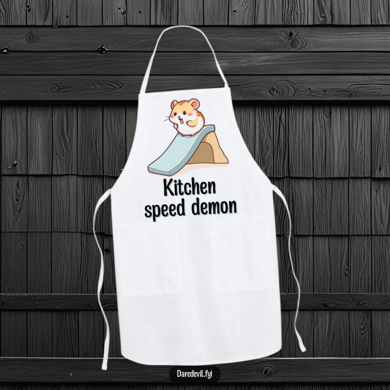 Funny Hamster Apron depicting a hamster rapidly sliding down a steep slide, designed for kitchen fun and protection.