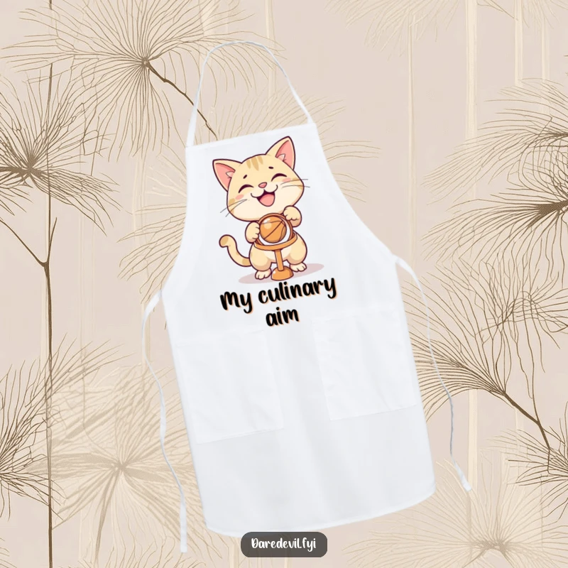 Funny grinning cat character aiming a ball at a tiny hoop on a humorous kitchen apron, for playful chefs.