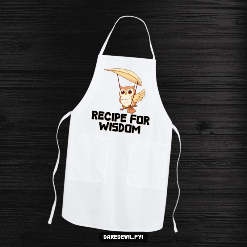 Funny apron design of a contented owl character paragliding using a large feather, ideal for protecting clothes during creative activities.