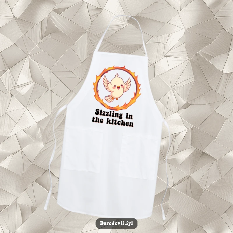 Funny bird apron showing a joyful bird soaring through a hoop shaped like a fiery ring, ready for kitchen adventures.