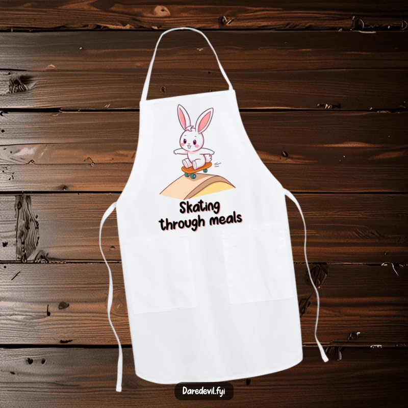 Funny bunny character in mid-air on a skateboard, zooming down a ramp with speed lines, designed for a humorous and protective kitchen apron.