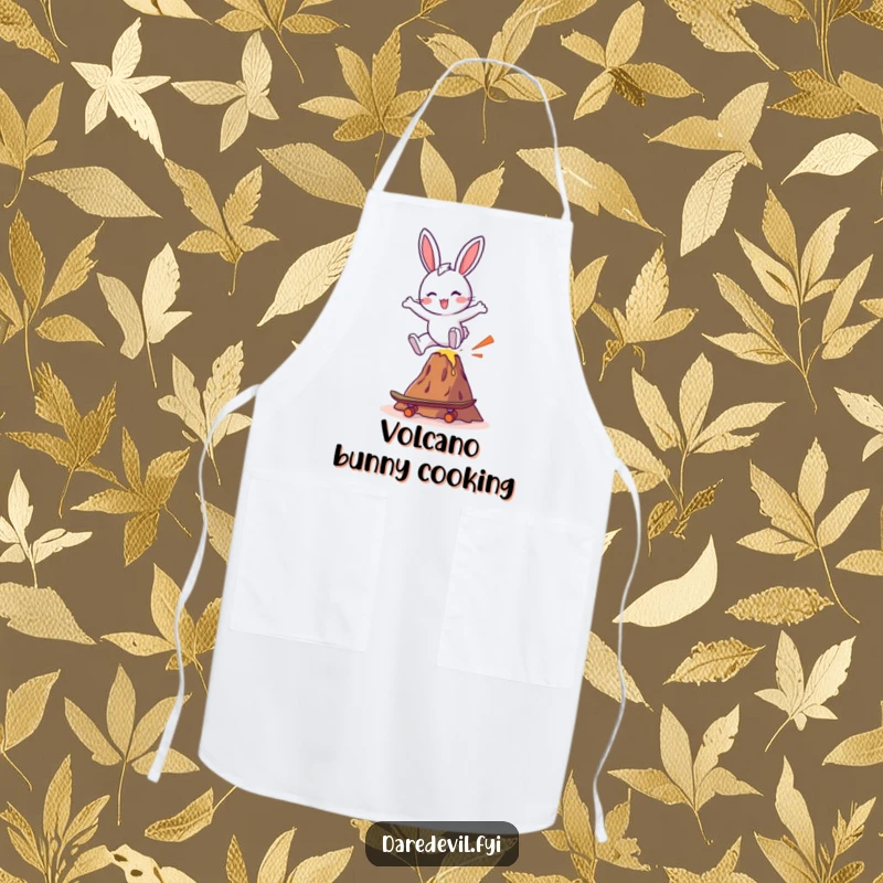 Funny bunny wearing an apron, skateboarding over a tiny volcano, ready to add humor to any kitchen task.