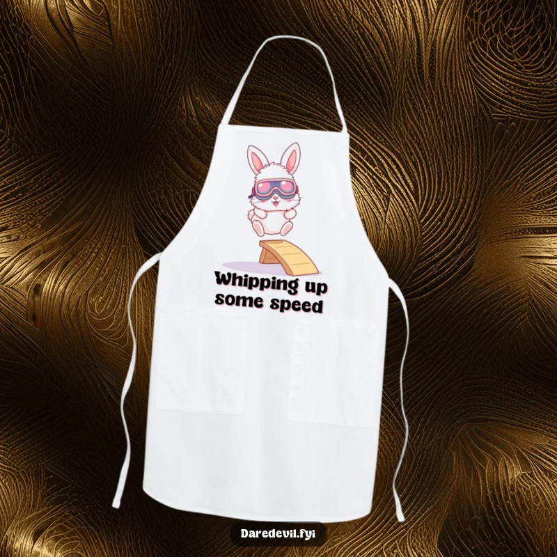 Funny apron featuring a fluffy bunny with large goggles leaping from a tiny ramp, perfect for kitchen fun and protection.