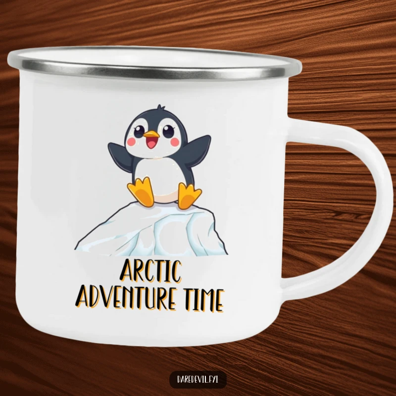 Funny camping mug depicting a surprised penguin expertly sliding down an icy ramp, perfect for outdoor sipping.