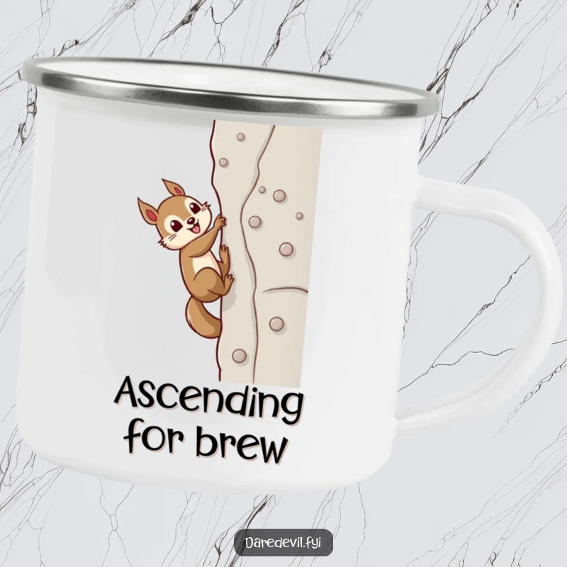 Funny squirrel character determinedly climbing a sheer wall with suction cups, ideal for an adventurous and humorous camping mug.