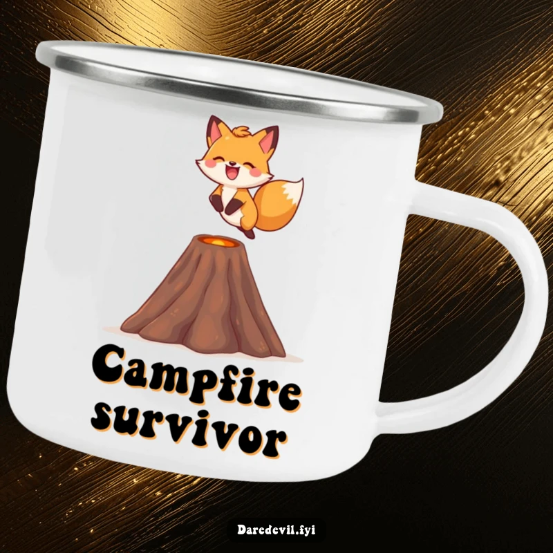 Funny fox camping mug, showing a fox leaping over a tiny volcano with a smile, built for adventures.