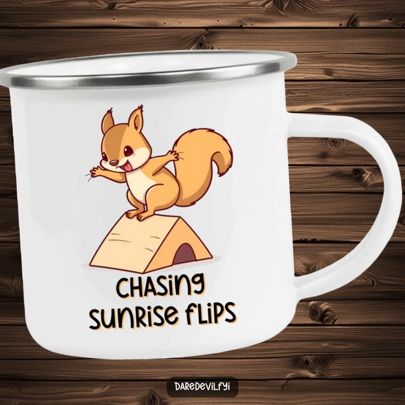 Funny squirrel camping mug showing a playful squirrel doing an impressive flip off a mini ramp, for outdoor enthusiasts.