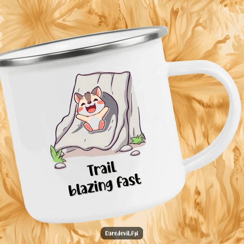Funny Camping Mug showing a bold animal character delightedly sliding down a chute, ideal for outdoor adventures.