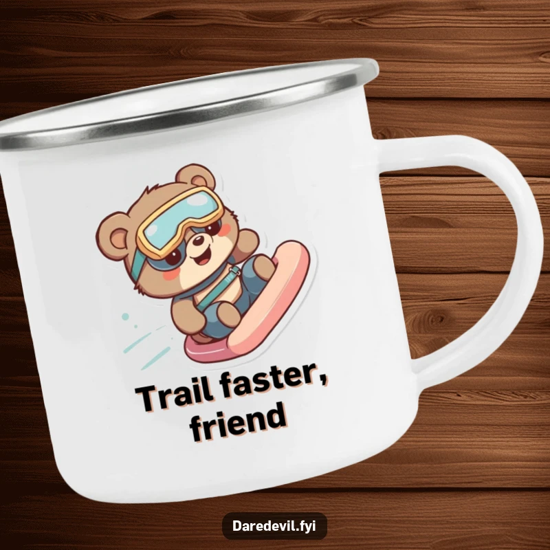 Funny bear wearing goggles speeds down a slide, perfect for outdoor adventures on a funny camping mug.